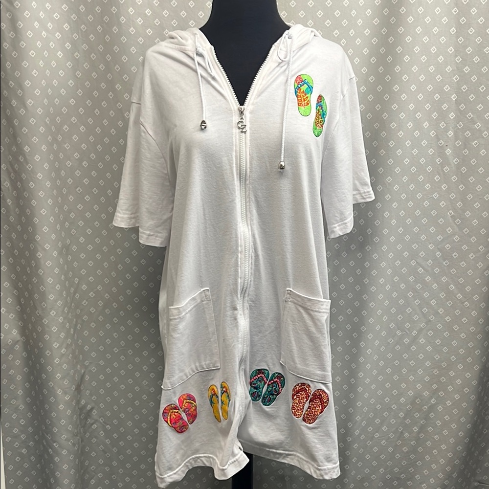 White Beach Cover-Up With Colorful Flip-Flops